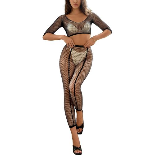 Asas-Lingerie Pour Femme-Manches Mi-Longues-Collants Résille-Nuisette-2 Pièces-Ensemble De Vêtements De Nuit Sexy Stretch-Body Transparent À Rayures