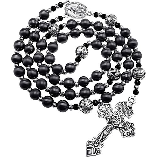 Asas-Store Chapelet En Hématite Noire De 10mm Pour Homme Avec Chaîne En Métal Et Médaille Miraculeuse Et Croix De Pardon,20 Inches,Zinc,Pas De Gemme