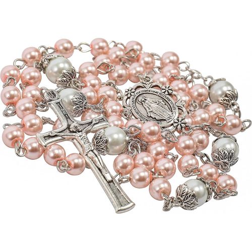 Asas-Store Chapelet De Perles Blanches Notre Père Collier De Perles Médaille De Lourdes Et Croix Crucifix Dévotion Spirituelle