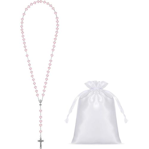 Asas-Set De 3 Collier Chapelet De Coeur Collier De Perles De Première Communion Avec Cartes De Première Communion Et Pochette À Cordon Collier Chapelet En Croix En Métal Catholique