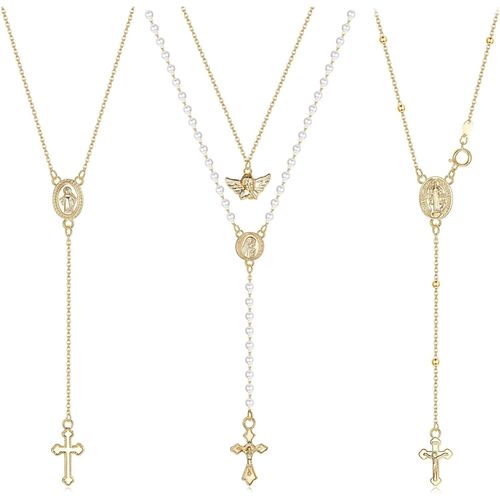 Asas-3pcs Colliers Croix Pour Femmes Hommes Chapelet Colliers Catholiques Avec Pendentif Ange Jésus Vierge Marie Chapelet Plaqué Or Et Argent Chaîne De Colliers En Y Pour La Prière