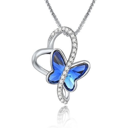 Asas-Collier Papillon Pour Femmes,Collier Pendentif C?ur Argent Cristal Bleu,Bijoux Valentines Fête Des Mères Cadeaux De Noël Pour Femmes