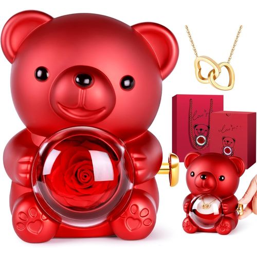 Asas-Ours En Rose Eternelle-Ourson Rose Eternelle Avec Boîte À Bijoux Cachée Et Collier En Forme De C?Ur,Fete Des Meres,Cadeau Anniversaire Femme,Cadeau Femme,Saint-Valentin