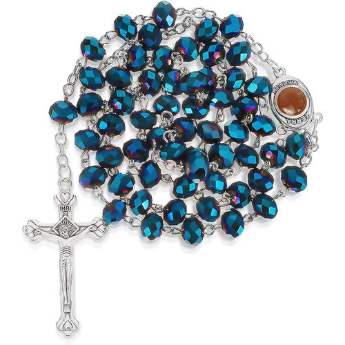 Asas-Collier Catholique En Perles De Cristal Bleu Chaîne En Argent De Chapelet Collier De Pendentif De Crucifix Collier De Prière Du Rosaire Collier De La Sainte Croix Pour Bijoux Femmes Hommes