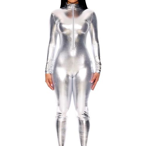 Asas-Womens Solid Silver Mock Neck Jumpsuit Medium/Large