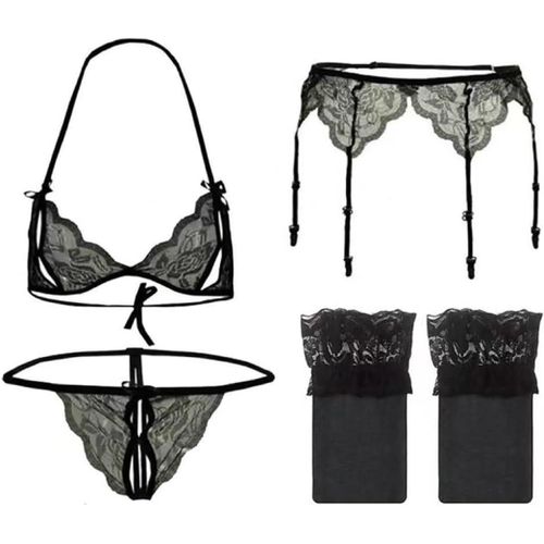 Asas-Nuisettes Et Deshabillés,4-Pièces Noir Transparent Femmes Pantalon Ouvert Bikini Lingerie Dentelle String Bas