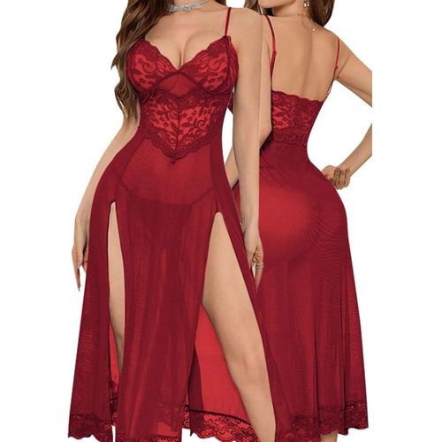 Asas-Lingerie Sexy En Dentelle Pour Femme Robe Au Genou Vêtements De Nuit Robe Sans Manches Col V Sous Vetements Feminins Bretelles Spaghetti Ajustables Nuit