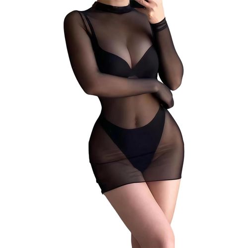 Asas-Femme Robe Transparente Sexy Blouse,Blouse Serrée À Manches Longues,Mini Robe Moulante Et Couverture De Bikini En Maille,Nuisette Lingerie Élégante Pour Fêtes Et Occasions Spéciales
