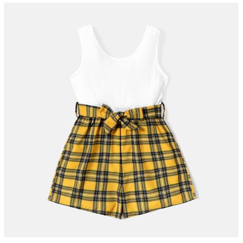 2 Pièces Enfant Fille Plaid Épissure Sans Manches Barboteuses Et Ceinture