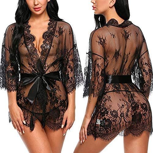 Asas-Lingerie Sexy Ensemble Nuisette En Dentelle Col V Transparente Babydoll Dessous Avec Ceinture Manches Longues Kimono Lingerie Pyjama Grande Taille Sleepwear Robe Avec G-String