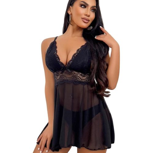 Asas-Lingerie Femme Babydoll En Dentelle Bretelles Nuisette Halter Teddy Col En V Vêtements De Nuit-Noir/Xxl
