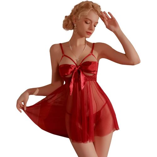 Asas-Lingerie Femme,Tenue Sexy Nuisette Femme Transparent,Col V Dentelle Ensemble De Lingerie Ouverte Vêtements De Nuit Babydoll Intimo Dessous Féminin Avec String(Rouge)