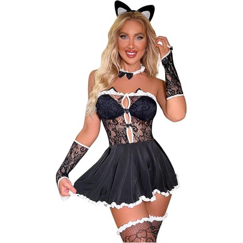 Asas-Ensemble Lingerie De Cosplay De Fille Chat Sexy Costume De Soubrette Halloween Maid Outfit Transparente Nuisette Mini Robe En Résille Creuse Avec Bas Gants Cat Ears