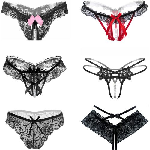 Asas-Lot De 6 Culottes Sexy En Dentelle Pour Femme,String Ficelle Crotchless Avec Perles Fleur Trou Kit Femme,Culottes G-String En Dentelle Florale