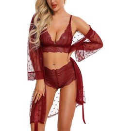Asas-Ensemble De Lingerie Féminine Sexy Robe Kimono En Dentelle 3 Pièces Avec Soutien-Gorge Et Culotte Ensemble De Vêtements De Nuit