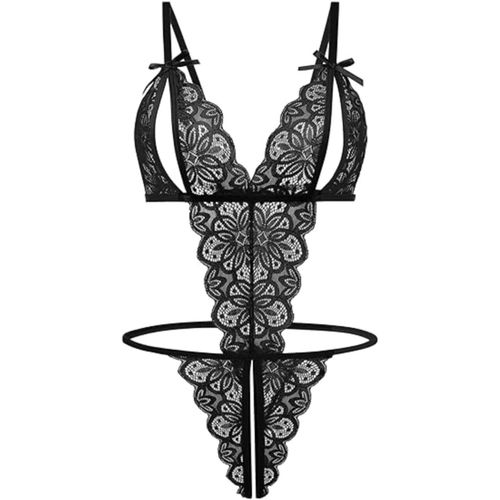 Asas-Lingerie Sexy Femme Coquine Hot Tenue Nuisette Sensuelle Dentelle Chemises De Nuit Col V Sous Vetements Feminins,Robe De Nuit Avec G-String-Noir