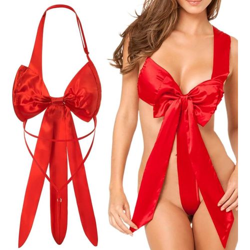 Asas-Satin N?ud Sexy Teddy Lingerie Pour Femme Noël Body,1 Pcs,Femme Dentelle Pyjamas De Dentelle De Vêtements De Nuit Mettent,Des Ensembles Derrière Babydoll Lingerie,Une Pièce Dos Nu Christmas Lingerie