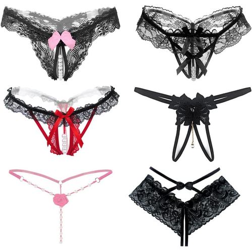 Asas-6 Packs Culottes Sexy De String Ouvert Femme Avec Perles Fleur Trou Set Femme,Noir Taille Basse Dentelle Sexy String Lingerie Avec Entrejambe Ouverte Tangas G-String Lingerie Thongs V-String Culotte