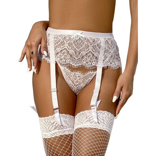 Asas-Porte-Jarretelles Sexy Ensemble Grande Taille Femme Lingerie Erotique Hot Porte Jarretelle Dentelle Noir Avec 4 Pince Métallique Jarretière Transparent Blanc Avec G-String