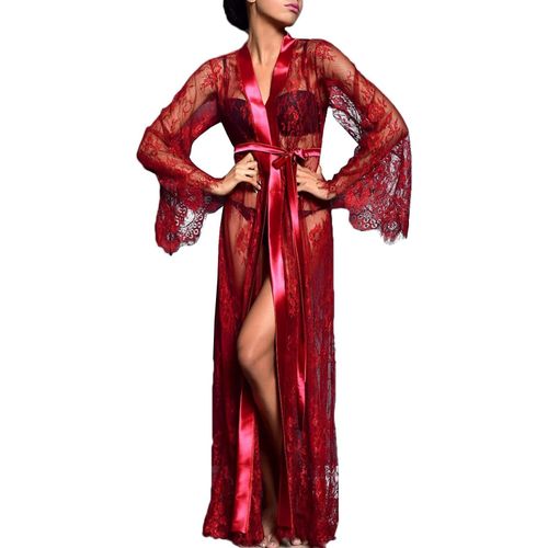 Asas-Kimono Sexy En Dentelle-Ensemble De Lingerie Longue-Robe À Manches Longues-Robe De Nuit Translucide-Robe De Chambre-Vêtement De Nuit Élégant-Babydoll-Peignoir De Mariée-Jeté De