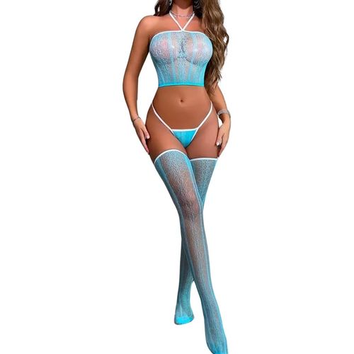 Asas-Ensemble De Lingerie 3 Pièces Pour Femme-Sexy-Résille De Pêche-Dentelle Extensible-Maille Extensible-Catsuit Creux-Dos Nu Transparent-Crop Top + String + Bas Résille-Nuisette