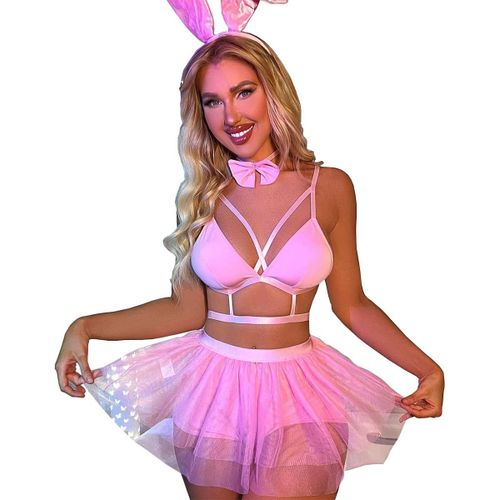 Asas-Tenue Sexy De Lapin Pour Femme En Maille Pour Cosplay-Haut Court Métallique Rose-Costume De Festival-Grande Taille
