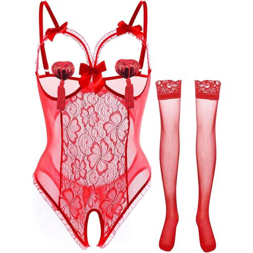Asas-Femme Dentelle Ensemble De Lingerie Autocollants Pour Les Seins Bas De Soie Chemises De Nuit 3 Pièces