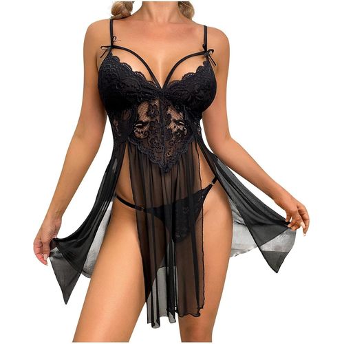 Asas-Lingerie Sexy Dentelle Femmes Coquine Hot Nuisette Bretelles Col V Mini Robe Transparente Fente Latérale Maille Babydoll Chemise Nuit Sans Manches Vêtements Nuit N?ud+String