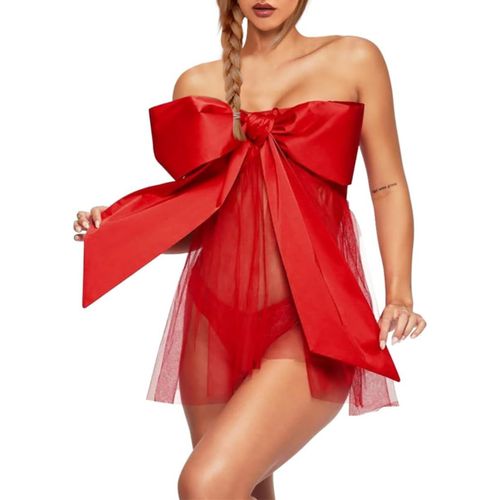 Asas-Lingerie Femme Robe De Nuit Avec Grand Arc Transparent Perspective Babydoll Noël Robe Pyjama Satin Robe Chemise Pour Voyage De Mariage,Rouge,Taille Unique