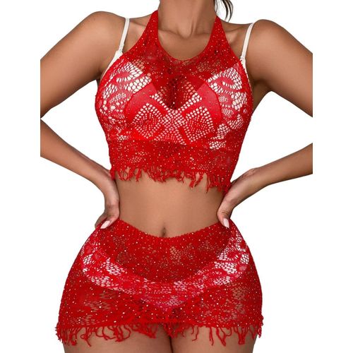 Asas-Ensemble Lingerie Sexy En Résille Pour Femme Tops Dos Nu Avec Strass And Mini Jupe Dentelle Elastique Sous-Vêtements Ajourés Soirée 2 Pièces Nuisette Robe Taille Xs-Xl