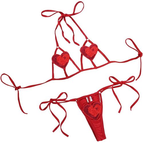 Asas-Ensemble De Lingerie Sexy Pour Femme Costume De C?ur Rouge Saint-Valentin Soutien-Gorge Et Culotte C?ur Nuisette Anime Micro Bikini