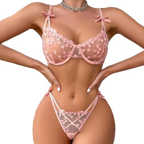 Asas-Auriselle Femme Ensemble Lingerie Sexy À N?uds 2 Pièces,Motif C?ur Broderie Résille Décoration Dentelle Translucide Soutien-Gorge Demi-Bonnet Avec Armatures String Tanga Push Up Babydoll Teddy,Rose