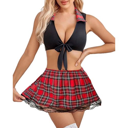 Asas-Ensemble De Lingerie Sexy Pour Écolière,Jeu De Rôle-Uniforme-Robe De Soirée-Haut Court Avec Cordon De Serrage À L'avant Au Niveau Du Cou Et Plaid-Mini Jupe Plissée-Cosplay -