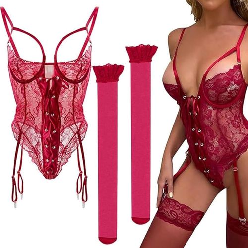 Asas-Ensemble De Lingerie Sexy,Porte-Jarretelles Avec Bas En Dentelle,Lingerie En Dentelle Pour Les Poings,Body Pour Femme,Lingerie Avec Trou,Lingerie Sexy,Pour Sexe Nuisette,Rouge,Währung