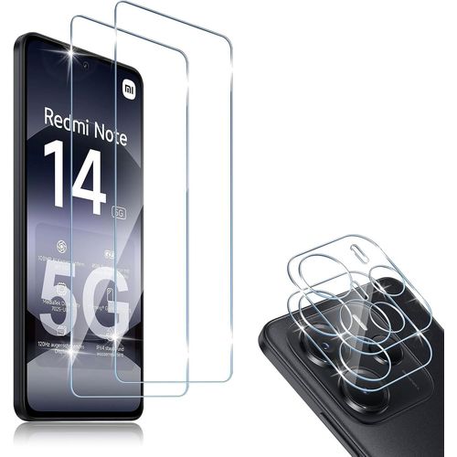 Kalanka-Compatible Avec Xiaomi Redmi Note 14 5g 2 Pi¿¿Ces Verre Tremp¿¿ + 2 Pi¿¿Ces Cam¿¿Ra Arri¿¿Re Protecteur, 9h Duret¿¿ Hd Sans Bulles Anti-Huile Protection D¿¿Cran + Cam¿¿Ra Arri¿¿Re Protecteur
