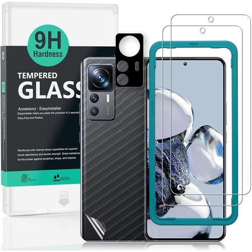 KALANKA-Protecteur d'¿¿cran pour Xiaomi 12T Pro 5G(6,67 pouces),avec 2 pi¿¿ces en verre tremp¿¿,1 protection d'objectif d'appareil photo,1 film en fibre de carbone[pas de bulles]