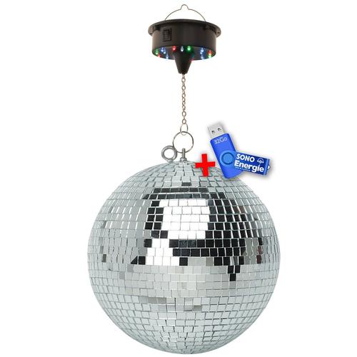 Boule à Facettes Argentée 50cm FXLab avec deux points de suspension + Moteur de boule LED à batterie FXLAB+Clé USB 32G