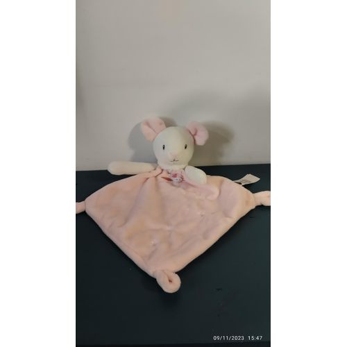 Doudou Plat Souris Blanche Et Rose Marguerites Tex