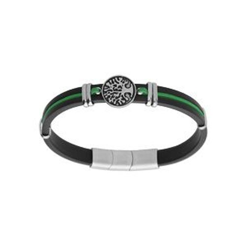 Bracelet Acier Et Caoutchouc Noir Avec Cordon Vert Motif Arbre De Vie 19.5+1cm Double Fermoir