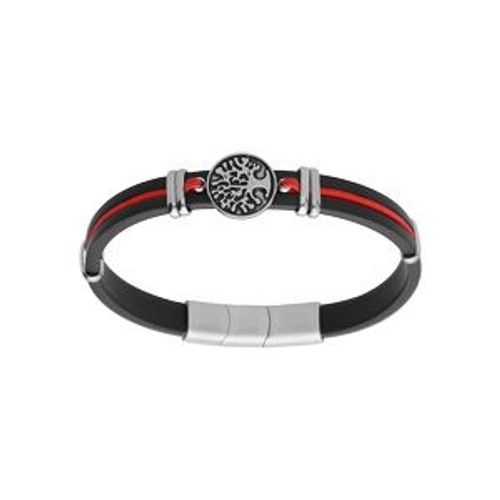 Bracelet Acier Et Caoutchouc Noir Avec Cordon Rouge Motif Arbre De Vie 20+1cm Double Fermoir
