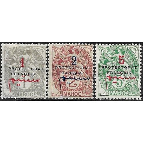 Maroc, Protectorat Français 1914 / 1921, Beaux Timbres Neufs**/* Yvert 37 38 40, Types Blanc 1c. Gris, 2c. Brun Lilas Et 5c. Vert-Bleu Avec Surcharge Bicolore Et Bilingue.