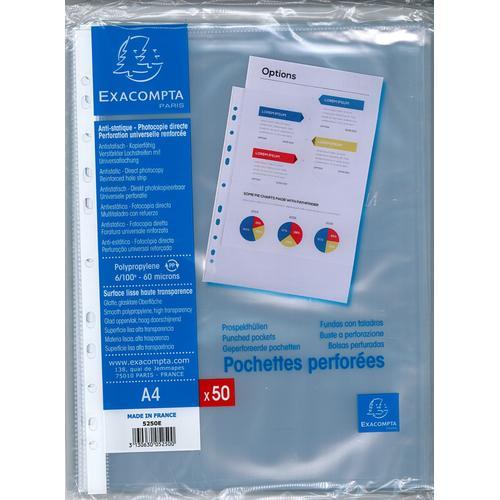 Lot De 5 Paquets De 50 Pochettes Lisse A4 Perforées Polypropylène 6/100ème - 60 Microns - Exacompta Réf. 5250e