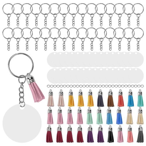 30set Bricolage Peint À La Main Acrylique Porte-Clés Blancs Cercles Porte-Clés Pompon Ensemble Avec Anneaux De Saut