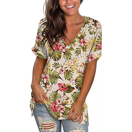 T-Shirt À Manches Courtes Et Col En V Pour Femme, Haut D'été Imprimé, Tunique Fendue Sur Le Côté, S