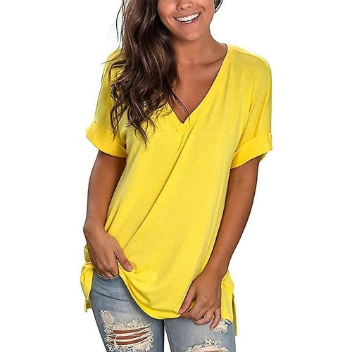 T-Shirt À Manches Courtes Et Col En V Pour Femme, Haut D'été Imprimé, Tunique Fendue Sur Le Côté, S