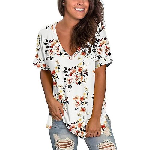 T-Shirt À Manches Courtes Et Col En V Pour Femme, Haut D'été Imprimé, Tunique Fendue Sur Le Côté, S