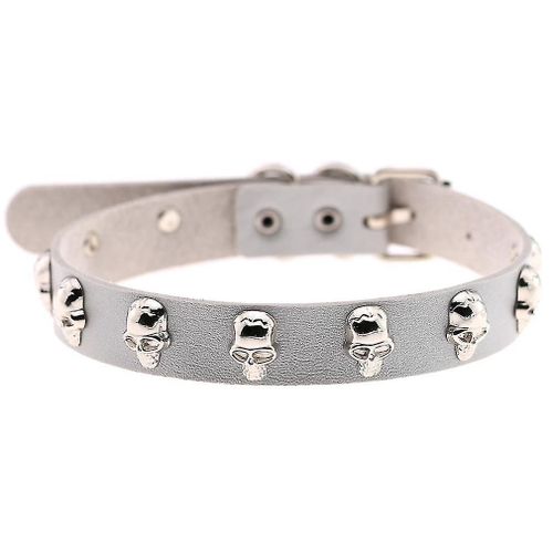 Collier En Cuir Tête De Mort Punk, Collier Street Rock, Tour De Cou Gris