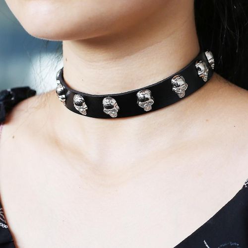 Collier En Cuir Tête De Mort Punk, Collier Street Rock, Tour De Cou Vert