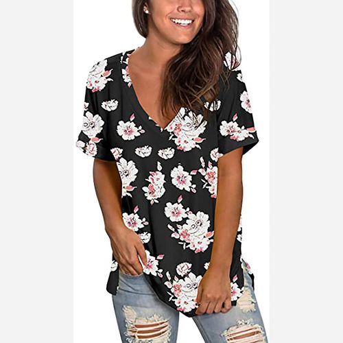 T-Shirt À Manches Courtes Et Col En V Pour Femme, Haut D'été Imprimé, Tunique Fendue Sur Le Côté, L