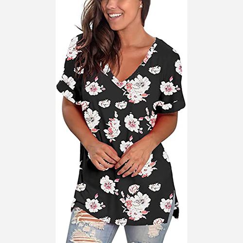 T-Shirt À Manches Courtes Et Col En V Pour Femme, Haut D'été Imprimé, Tunique Fendue Sur Le Côté, S